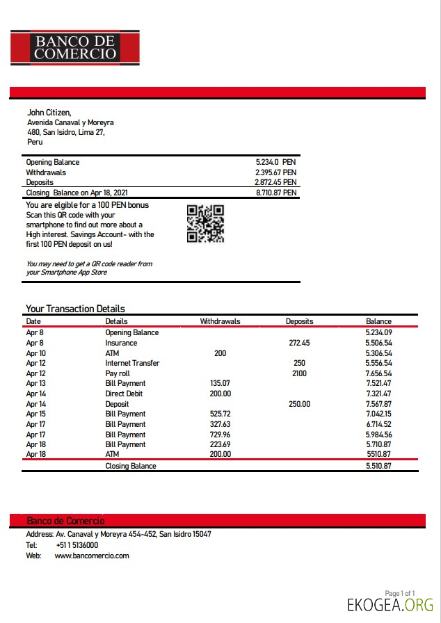 Relevé bancaire de la Banco de Comercio du Pérou